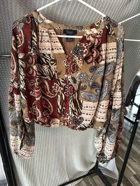 RACHEL Rachel Roy Red and Tan Patchwork Paisley V-Neck Blouse